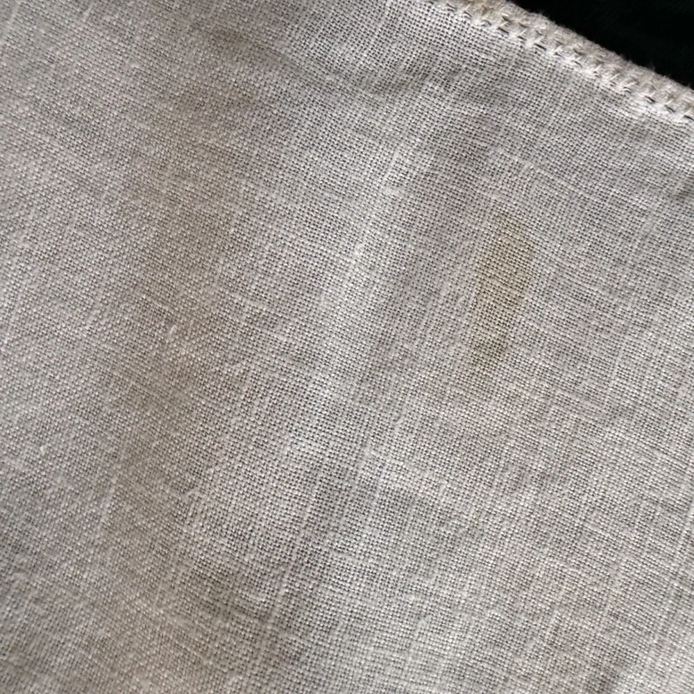 Vintage Off White Linen Square Tablecloth Embroidered Cutwork 33x33 inch